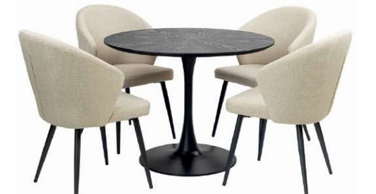 ALBERGE ROUND MARBLE-LOOK GLASS TOP DINING TABLE ON PEDESTAL METAL BASE BLACK - MyChocolateWood