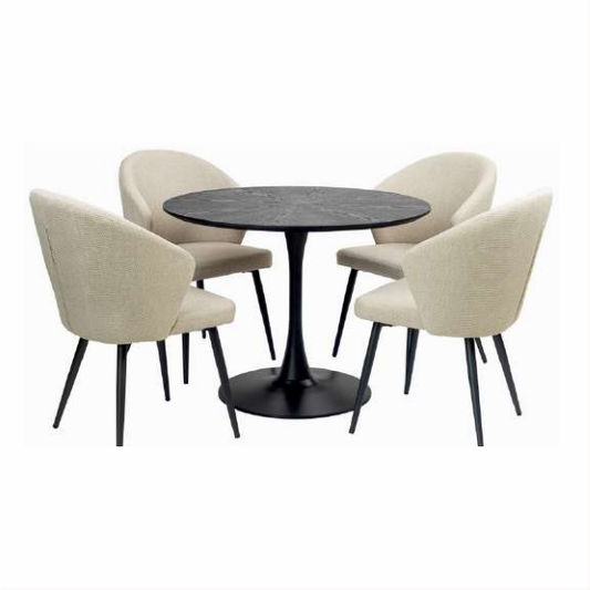 ALBERGE ROUND MARBLE-LOOK GLASS TOP DINING TABLE ON PEDESTAL METAL BASE BLACK - MyChocolateWood
