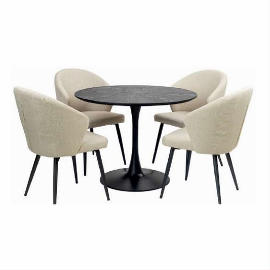 ALBERGE ROUND MARBLE-LOOK GLASS TOP DINING TABLE ON PEDESTAL METAL BASE BLACK