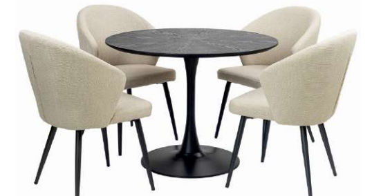 ALBERGE ROUND MARBLE-LOOK GLASS TOP DINING TABLE ON PEDESTAL METAL BASE BLACK - MyChocolateWood