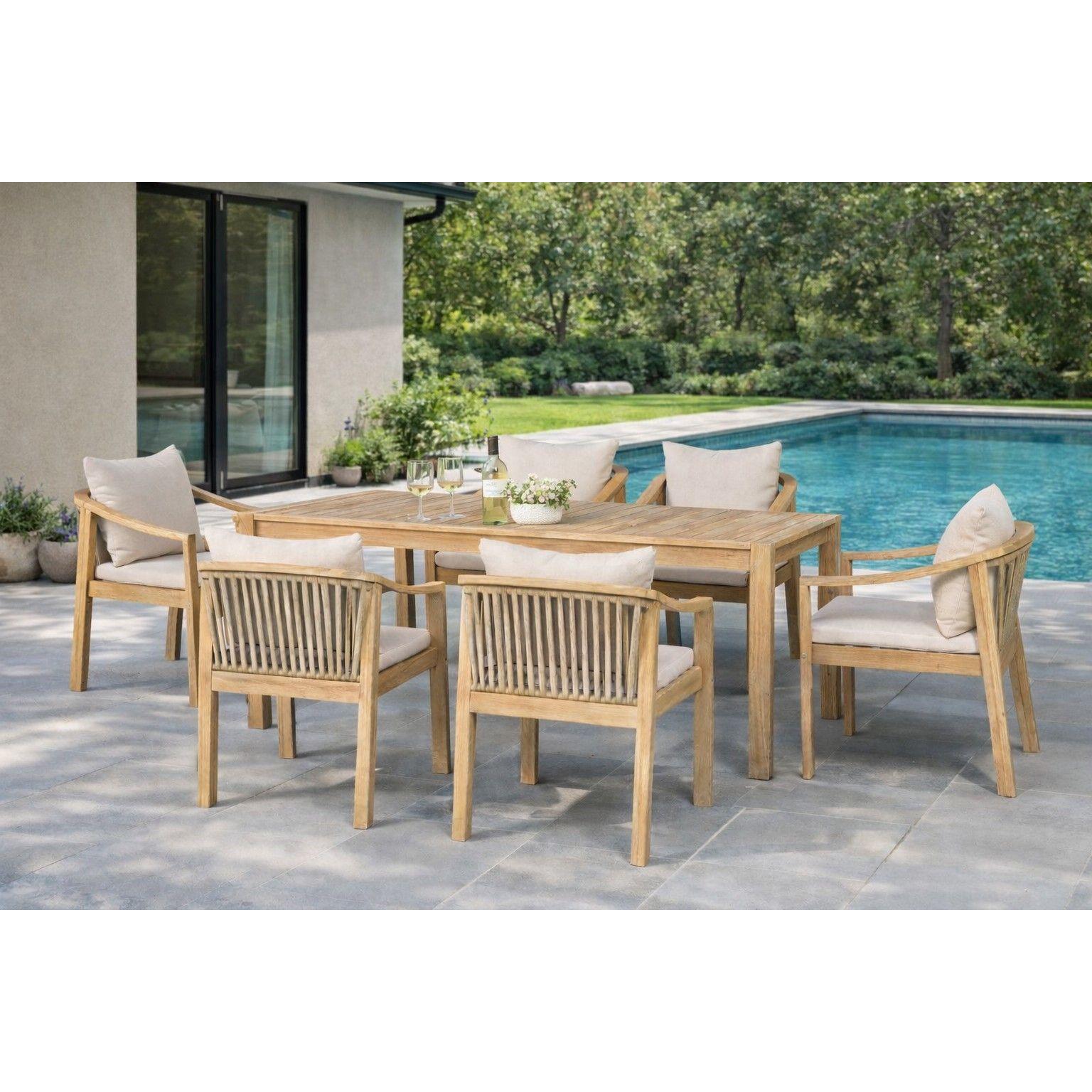 IRINI ACACIA WOOD 7-PIECE OUTDOOR DINING SET SANDBLAST COLOURED FRAME/STONE COLOURED FABRIC - MyChocolateWood