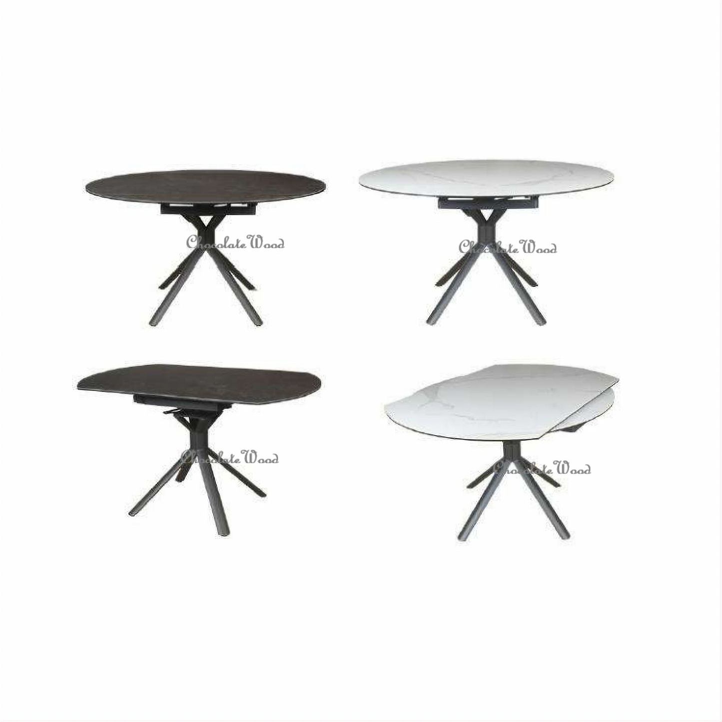 White ceramic glass dining table with adjustable extension from 90cm to 135cm, featuring a swivel extension mechanism by MyChocolateWood.
