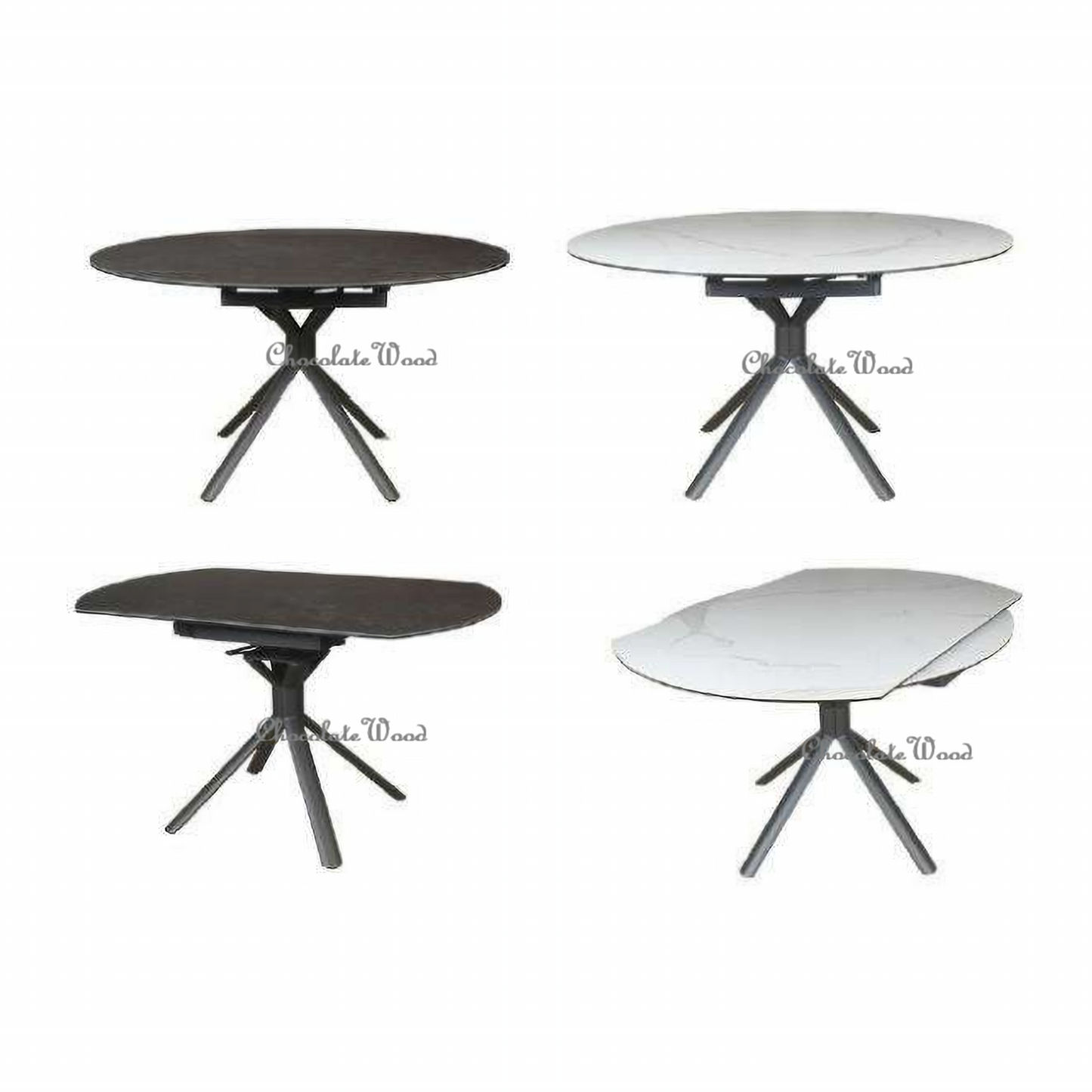 White ceramic glass dining table with adjustable extension from 90cm to 135cm, featuring a swivel extension mechanism by Chocolate Wood.
