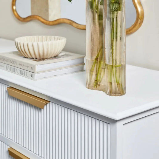 MORETTI 4-DRAWER CHEST OF DRAWERS 170CM SATIN WHITE/GOLD - MyChocolateWood