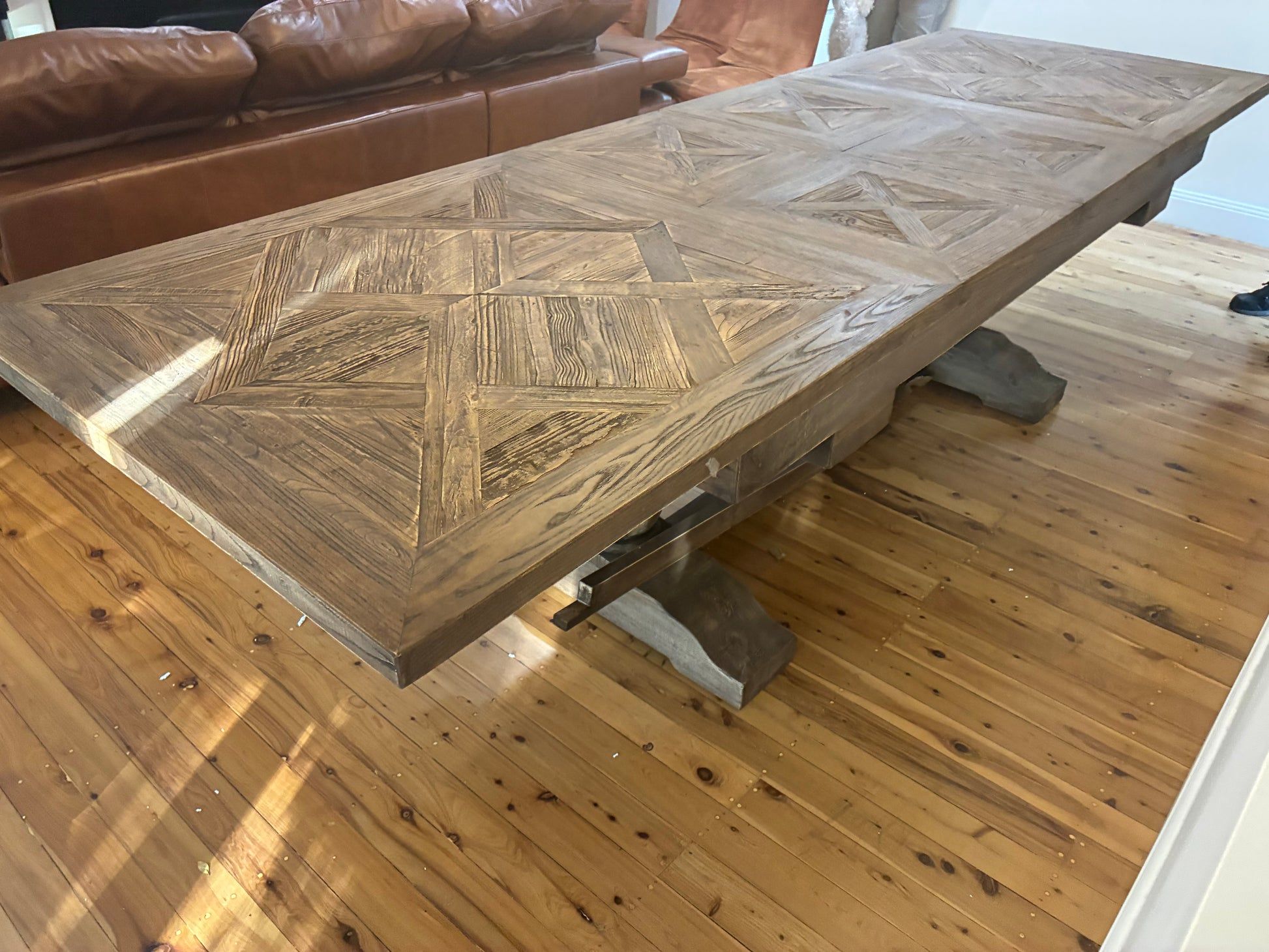 HARLOW PARQUET RECLAIMED ELM DOUBLE EXTENSION DINING TABLE WITH PEDESTAL BASE 210/260/310CM NATURAL ELM - MyChocolateWood