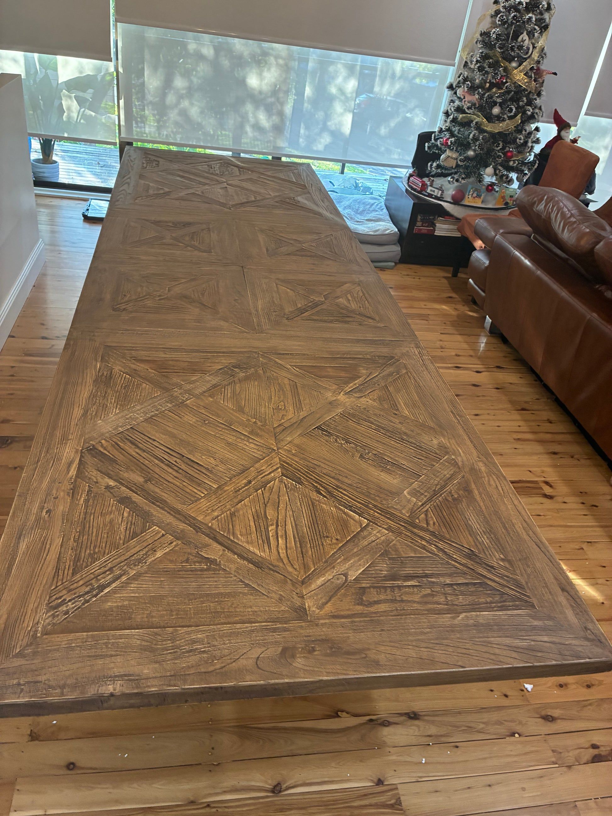 HARLOW PARQUET RECLAIMED ELM DOUBLE EXTENSION DINING TABLE WITH PEDESTAL BASE 210/260/310CM NATURAL ELM - MyChocolateWood