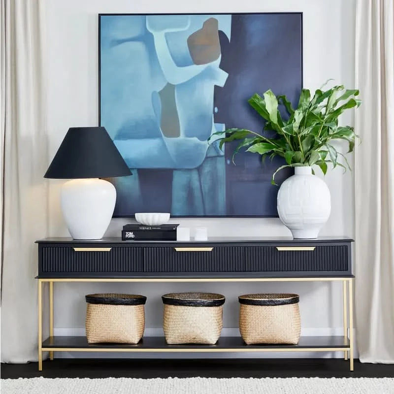 MORETTI 3-DRAWER CONSOLE TABLE/HALL TABLE SATIN BLACK  & GOLD LARGE - MyChocolateWood