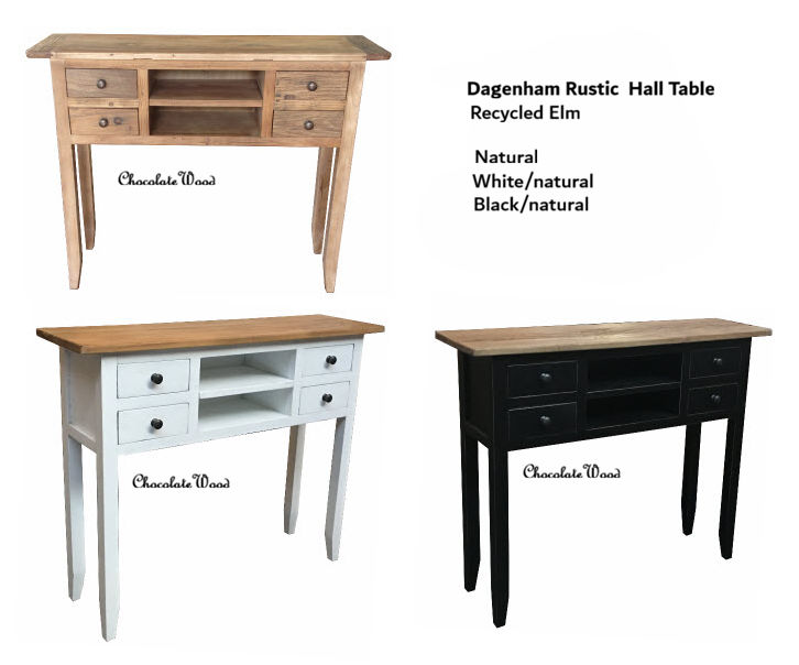 DAGENHAM  RUSTIC RECYCLED ELM HALL TABLE/CONSOLE 4 DRAWERS/2 SHELVES NATURAL/BLACK - MyChocolateWood