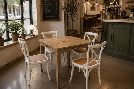 TARA SOLID OAK SQUARE DINING TABLE (90 X 90) NATURAL + 4 MELROSE ELMWOOD CROSSBACK CHAIRS WHITE - MyChocolateWood