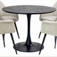 ALBERGE ROUND MARBLE-LOOK GLASS TOP DINING TABLE ON PEDESTAL METAL BASE BLACK - MyChocolateWood