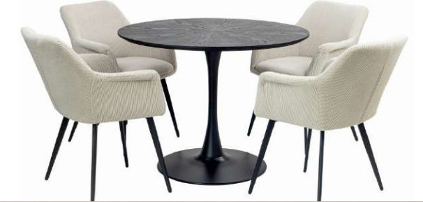 ALBERGE ROUND MARBLE-LOOK GLASS TOP DINING TABLE ON PEDESTAL METAL BASE BLACK - MyChocolateWood