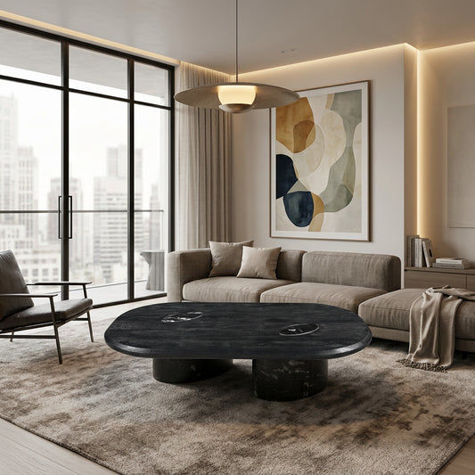 Sable Handmade Coffee Table - Mango Hardwood Top with Marble Inset Detail & Solid Marble Legs