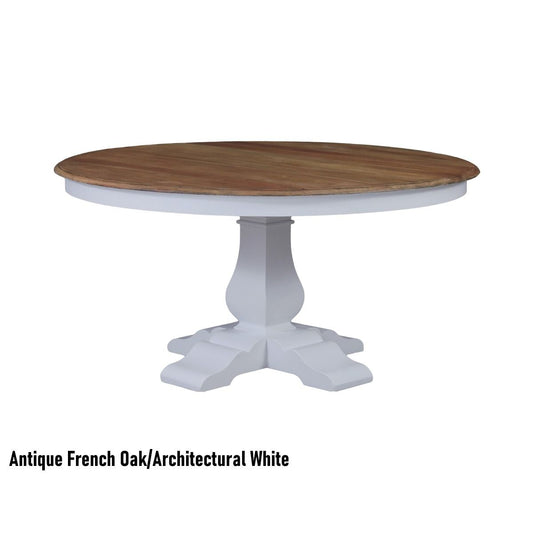 BECKETT HAMPTON STYLE SOLID MAHOGANY ROUND TRESTLE DINING TABLE IN ANTIQUE FRENCH OAK 152CM - MyChocolateWood