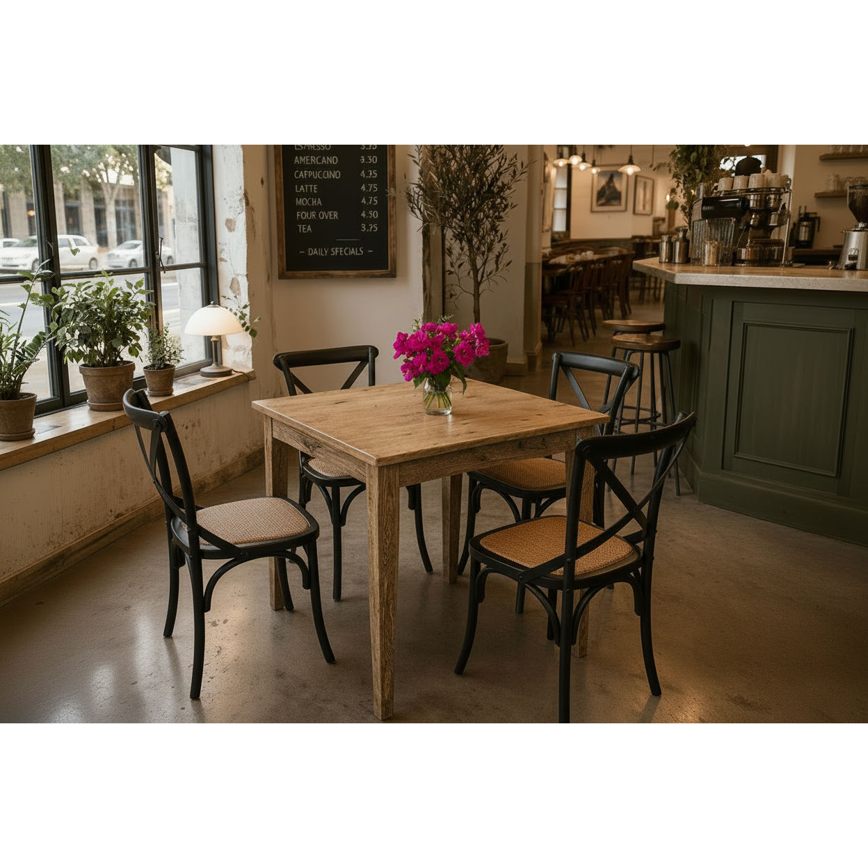 Tara Square Dining Table with 4 Melrose Solid Oak Crossback Chairs in Black