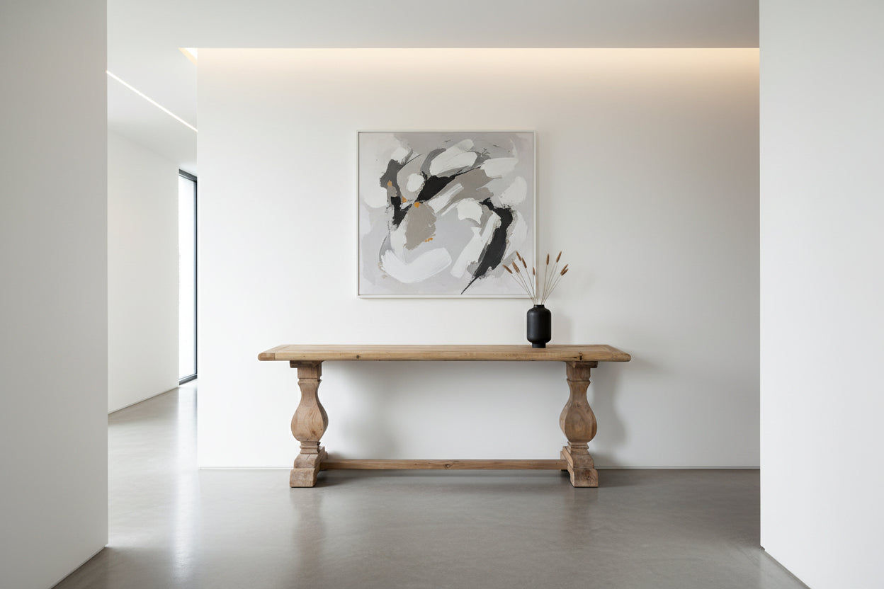 Bordeaux hall table by MyChocolateWood, solid elm wood console table, 150cm long with a sleek, natural finish.