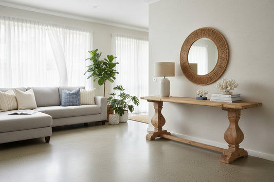 Bordeaux hall table by MyChocolateWood, 150cm solid elm wood console table with sleek design and natural wood finish.