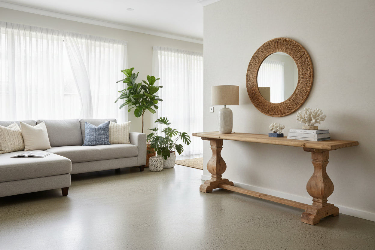 Bordeaux hall table by MyChocolateWood, 150cm solid elm wood console table with sleek design and natural wood finish.