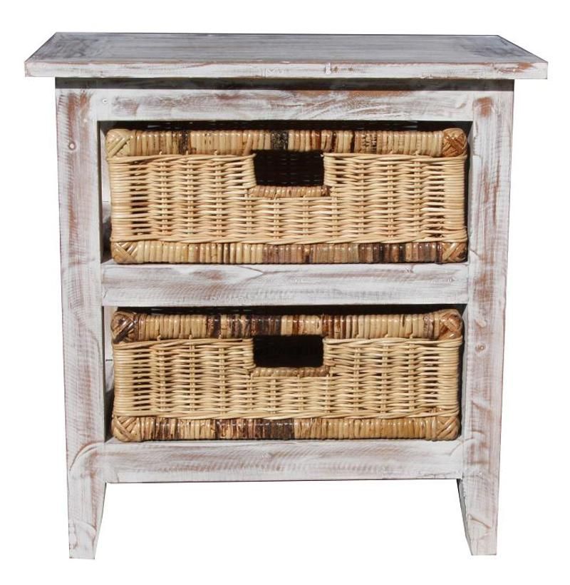 Cove Mahogany Whitewash 2-Drawer Bedside Table/Chest of Drawers with 2 Rattan Baskets