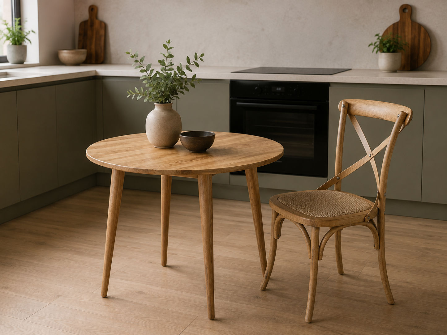 Fitan Solid Oak Round Dining Table 120cm & 4 Melrose Cross Back Chairs in Natural - Chocolate Wood