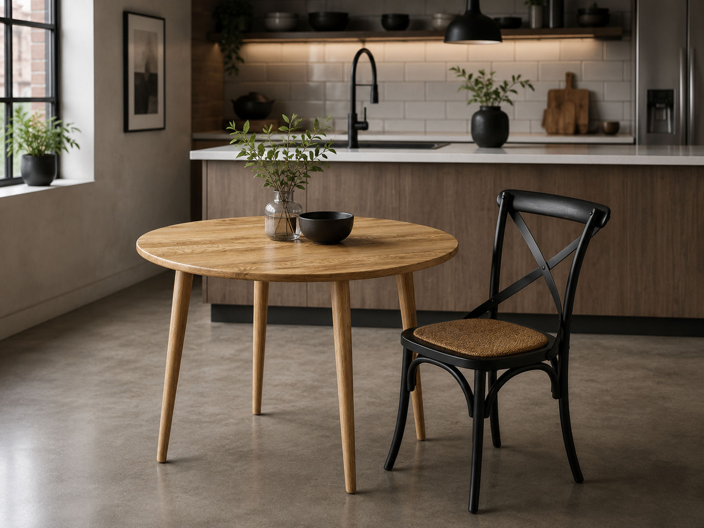 Fitan Solid Oak Round Dining Table 120cm & 4 Melrose Cross Back Chairs in Black - Chocolate Wood