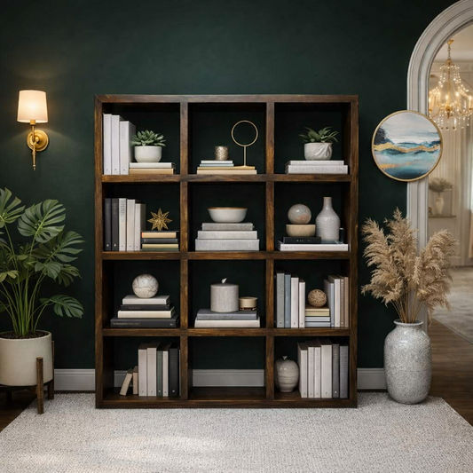 Solid Benato Indian Rosewood 12-cube display unit by MyChocolateWood, showcasing a sleek wooden storage and display piece.
