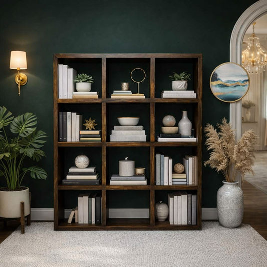 Solid Benato Indian Rosewood 12-cube display unit by MyChocolateWood, showcasing a sleek wooden storage and display piece.