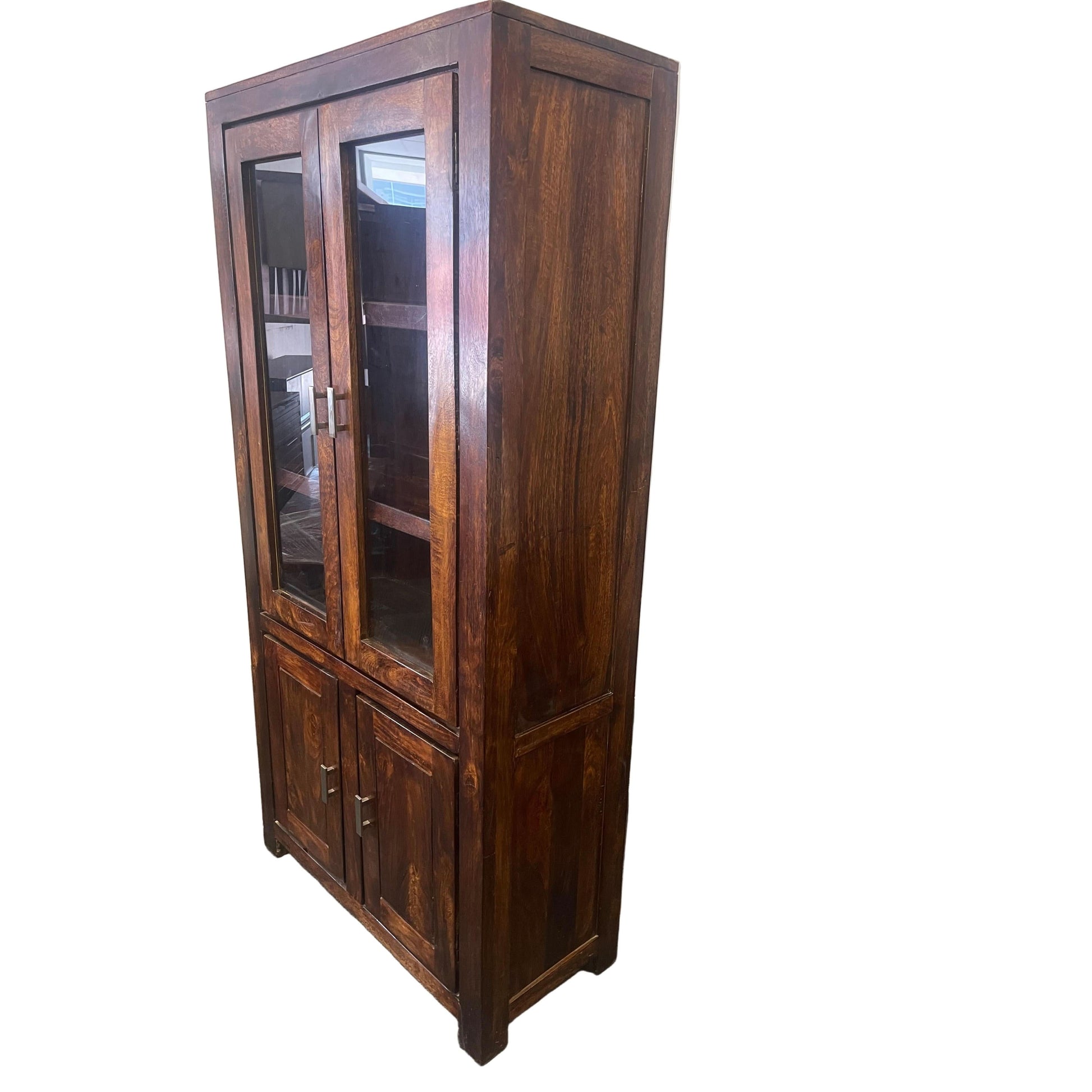 Solid Benato Indian Rosewood display cabinet with four glass doors, showcasing elegant wood grain and craftsmanship.