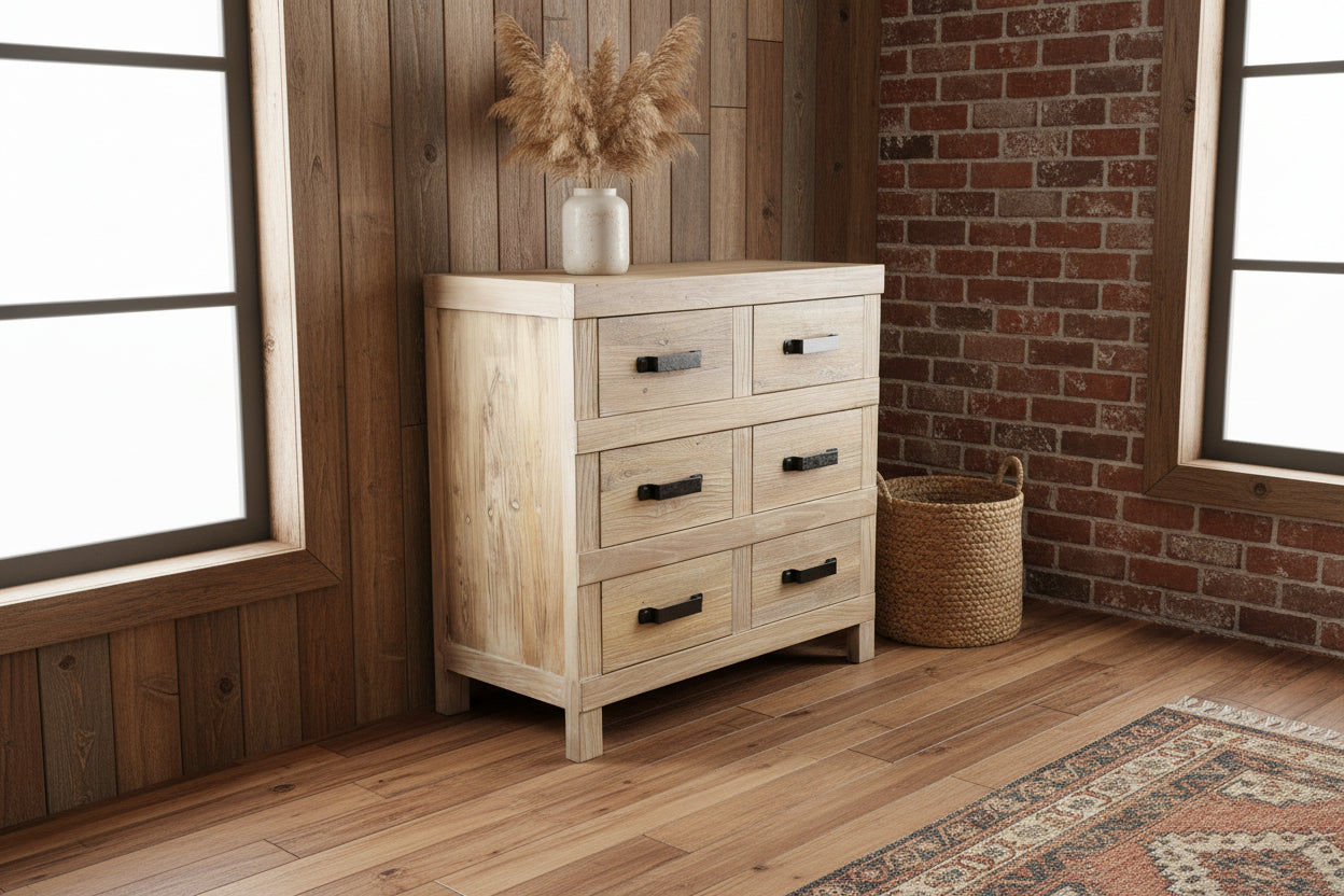 FAIRMONT RECLAIMED ELM TIMBER 6 DRAWER CHEST OF DRAWERS RUSTIC