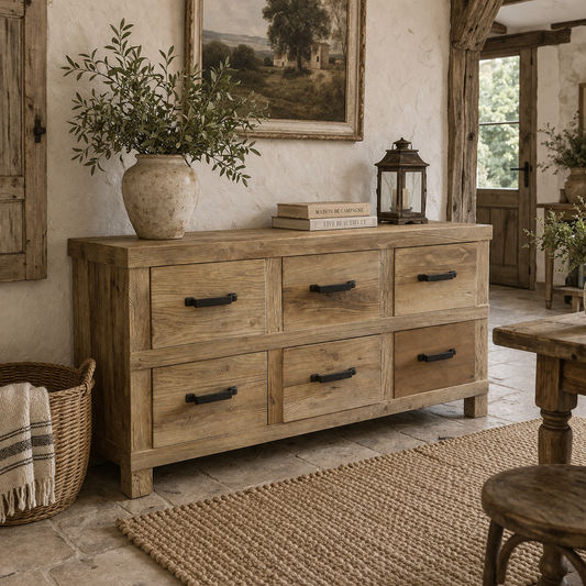 FAIRMONT 6-DRAWER SIDEBOARD BUFFET W/ IRON HANDLES IN RECYCLED ELM - MyChocolateWood