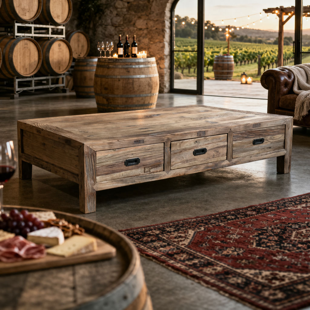 LORAN RECYCLED ELM RUSTIC 6 DRAWERS COFFEE TABLE - NATURAL - MyChocolateWood