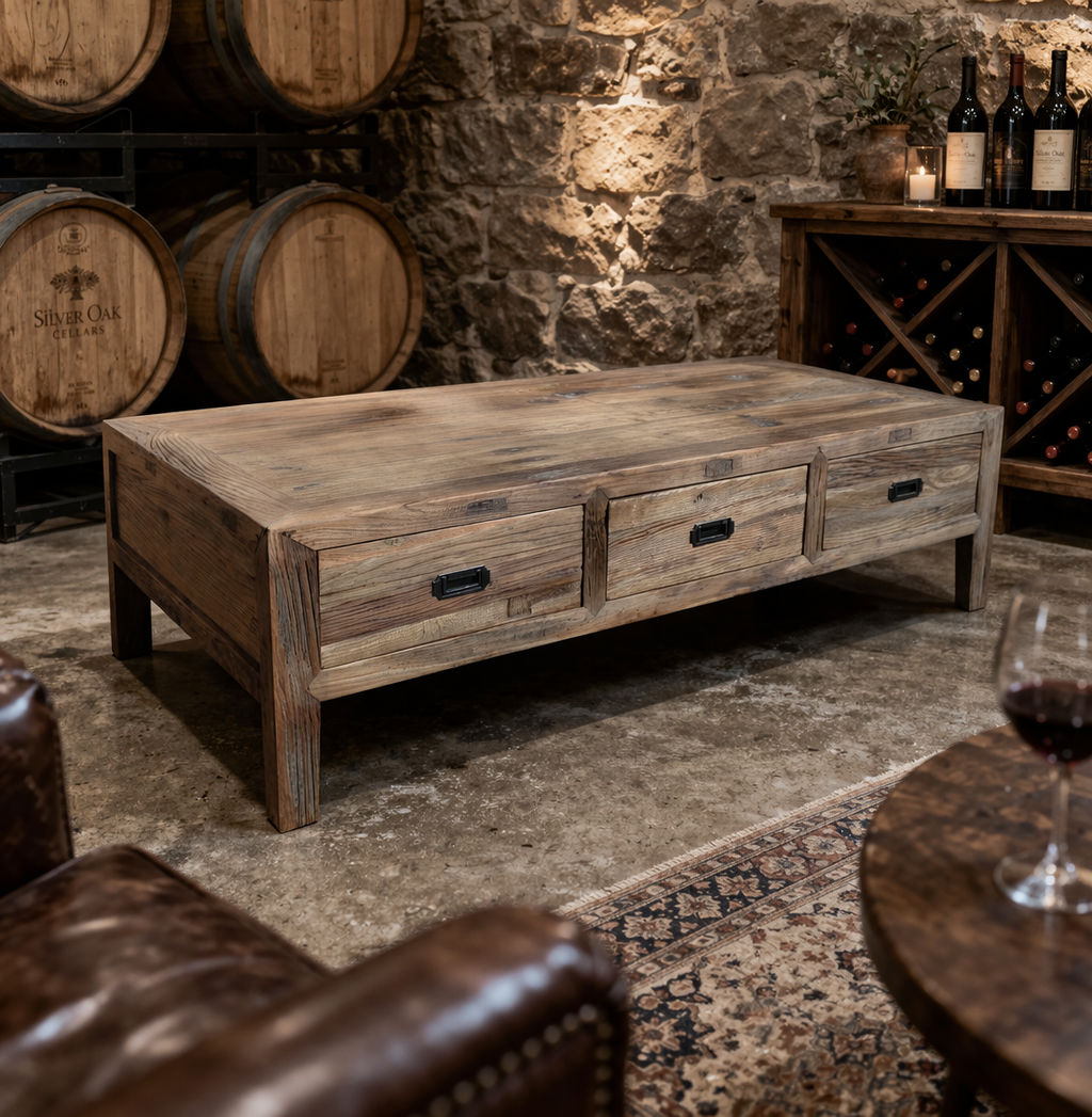 LORAN RECYCLED ELM RUSTIC 6 DRAWERS COFFEE TABLE - NATURAL - MyChocolateWood