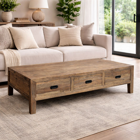 LORAN RECYCLED ELM RUSTIC 6 DRAWERS COFFEE TABLE - NATURAL - MyChocolateWood