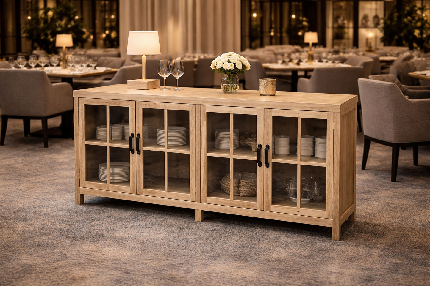 FAIRMONT RECYCLED ELM 4-DOOR SIDEBOARD/BUFFET WITH GLASS DOORS. 2.1M VINTAGE INDUSTRIAL