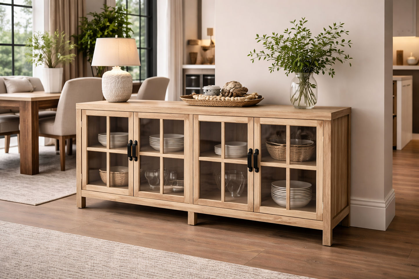 FAIRMONT RECYCLED ELM 4-DOOR SIDEBOARD/BUFFET WITH GLASS DOORS. 2.1M VINTAGE INDUSTRIAL