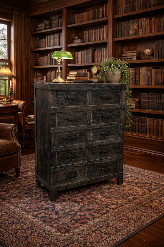 FAIRMONT RECYCLED ELM TALLBOY/ CHEST OF 10 DRAWERS IRON HANDLES INDUSTRIAL IN BLACKWASH - MyChocolateWood