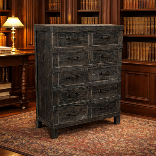 FAIRMONT RECYCLED ELM TALLBOY/ CHEST OF 10 DRAWERS IRON HANDLES INDUSTRIAL IN BLACKWASH