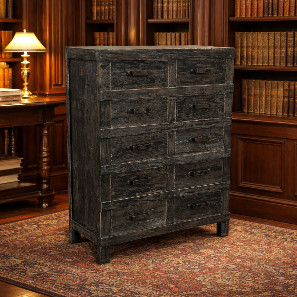 FAIRMONT RECYCLED ELM TALLBOY/ CHEST OF 10 DRAWERS IRON HANDLES INDUSTRIAL IN BLACKWASH - MyChocolateWood