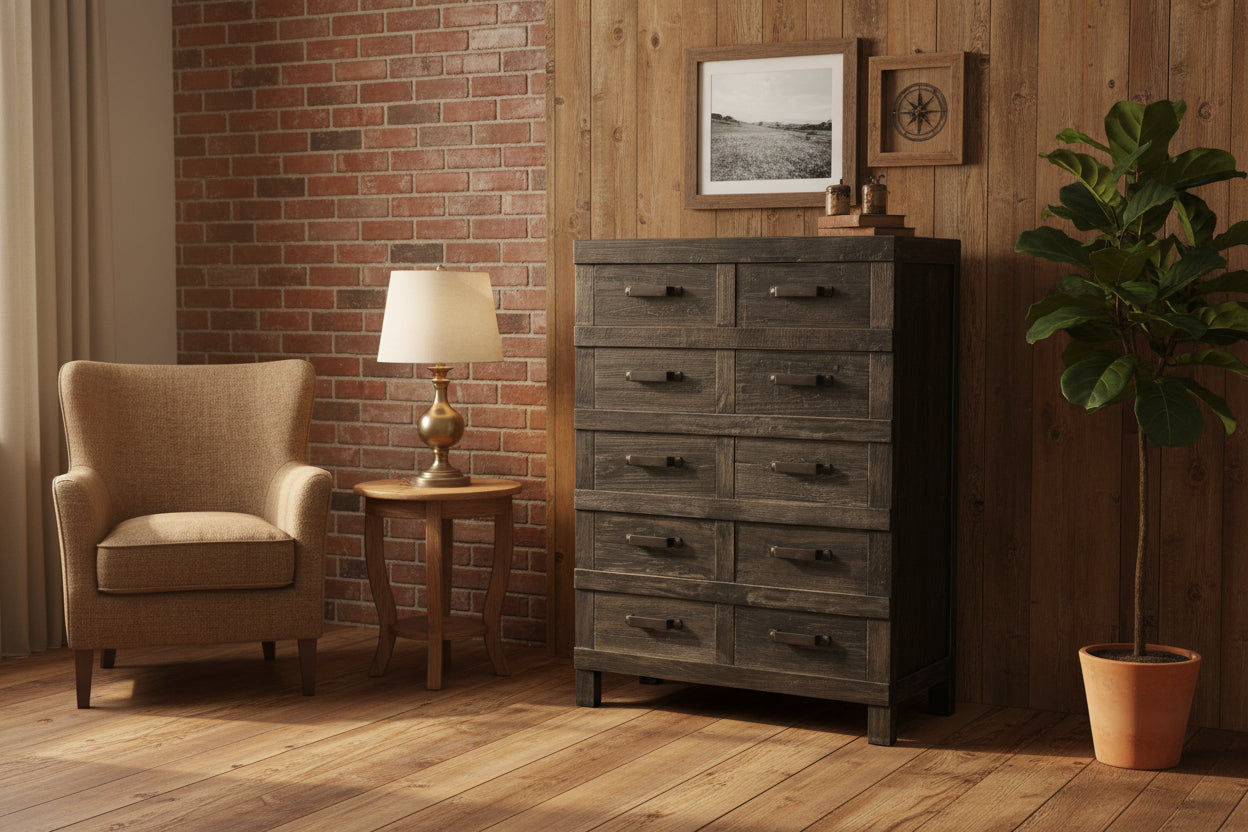 FAIRMONT RECYCLED ELM TALLBOY/ CHEST OF 10 DRAWERS IRON HANDLES INDUSTRIAL IN BLACKWASH - MyChocolateWood