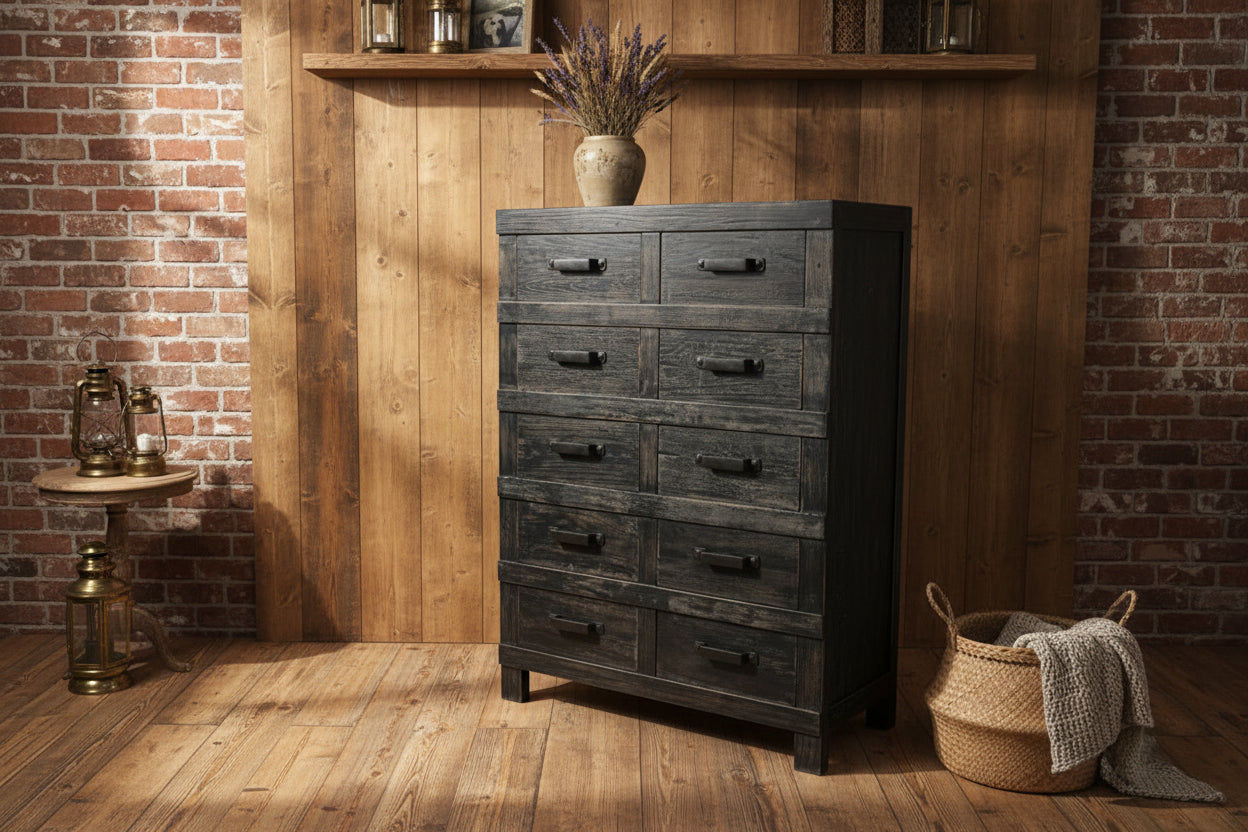 FAIRMONT RECYCLED ELM TALLBOY/ CHEST OF 10 DRAWERS IRON HANDLES INDUSTRIAL IN BLACKWASH - MyChocolateWood