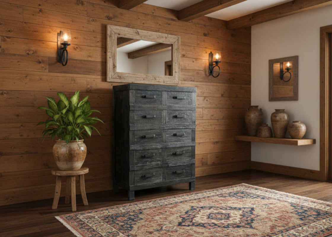 FAIRMONT RECYCLED ELM TALLBOY/ CHEST OF 10 DRAWERS IRON HANDLES INDUSTRIAL IN BLACKWASH - MyChocolateWood