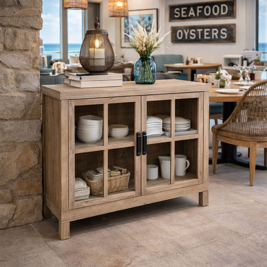 FAIRMONT RECYCLED ELM SIDEBOARD/BUFFET W/GLASS DOORS 1.1M VINTAGEINDUSTRIAL - MyChocolateWood