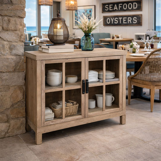 FAIRMONT RECYCLED ELM SIDEBOARD/BUFFET W/GLASS DOORS 1.1M VINTAGEINDUSTRIAL - MyChocolateWood