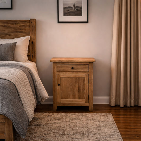 2 X LINDI RECYCLED ELM RUSTIC COUNTRY STYLE BEDSIDE TABLE WITH 1 DOOR & 1 DRAWER