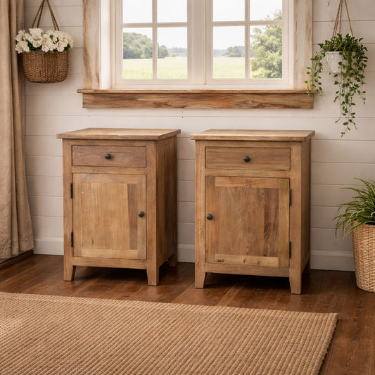 2 X LINDI RECYCLED ELM RUSTIC COUNTRY STYLE BEDSIDE TABLE WITH 1 DOOR & 1 DRAWER
