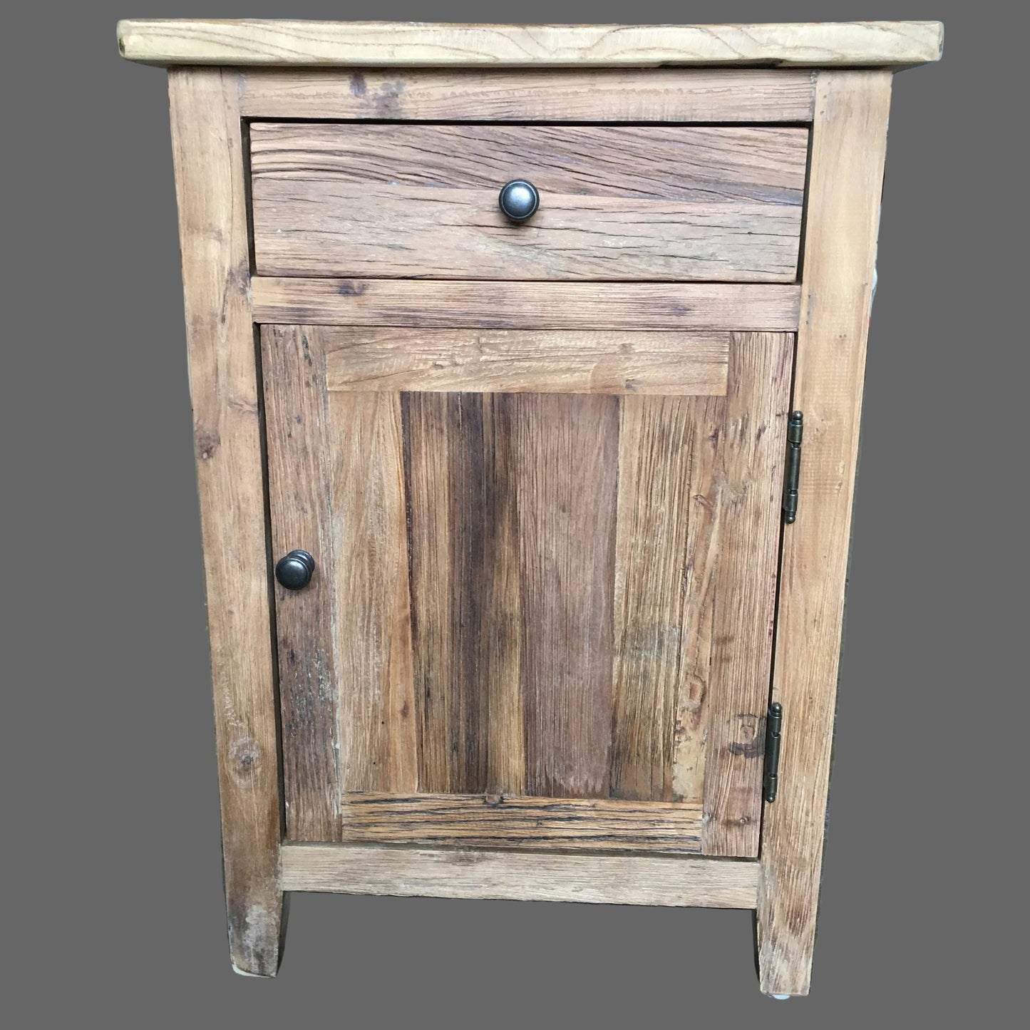 2 X LINDI RECYCLED ELM RUSTIC COUNTRY STYLE BEDSIDE TABLE WITH 1 DOOR & 1 DRAWER