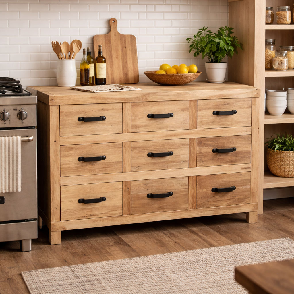 FAIRMONT 9-DRAWER SIDEBOARD BUFFET W/ IRON HANDLES IN RECYCLED ELM - MyChocolateWood