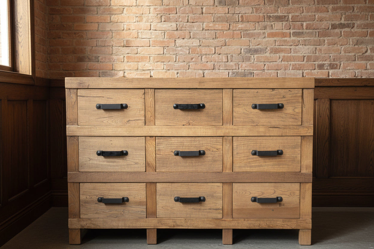FAIRMONT 9-DRAWER SIDEBOARD BUFFET W/ IRON HANDLES IN RECYCLED ELM - MyChocolateWood