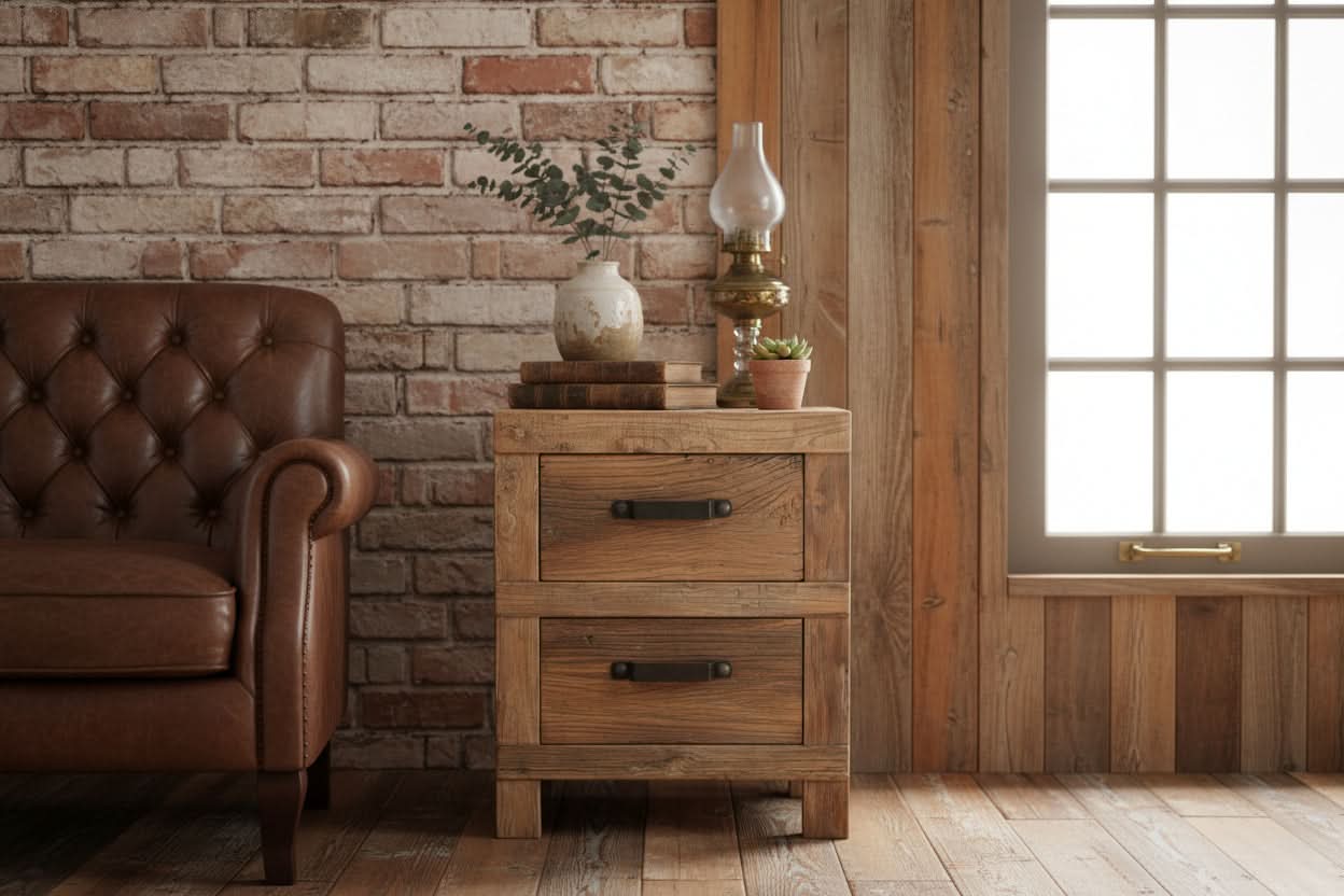 2 X FAIRMONT RECLAIMED ELM TIMBER 2 DRAWER BEDSIDE TABLE RUSTIC - MyChocolateWood