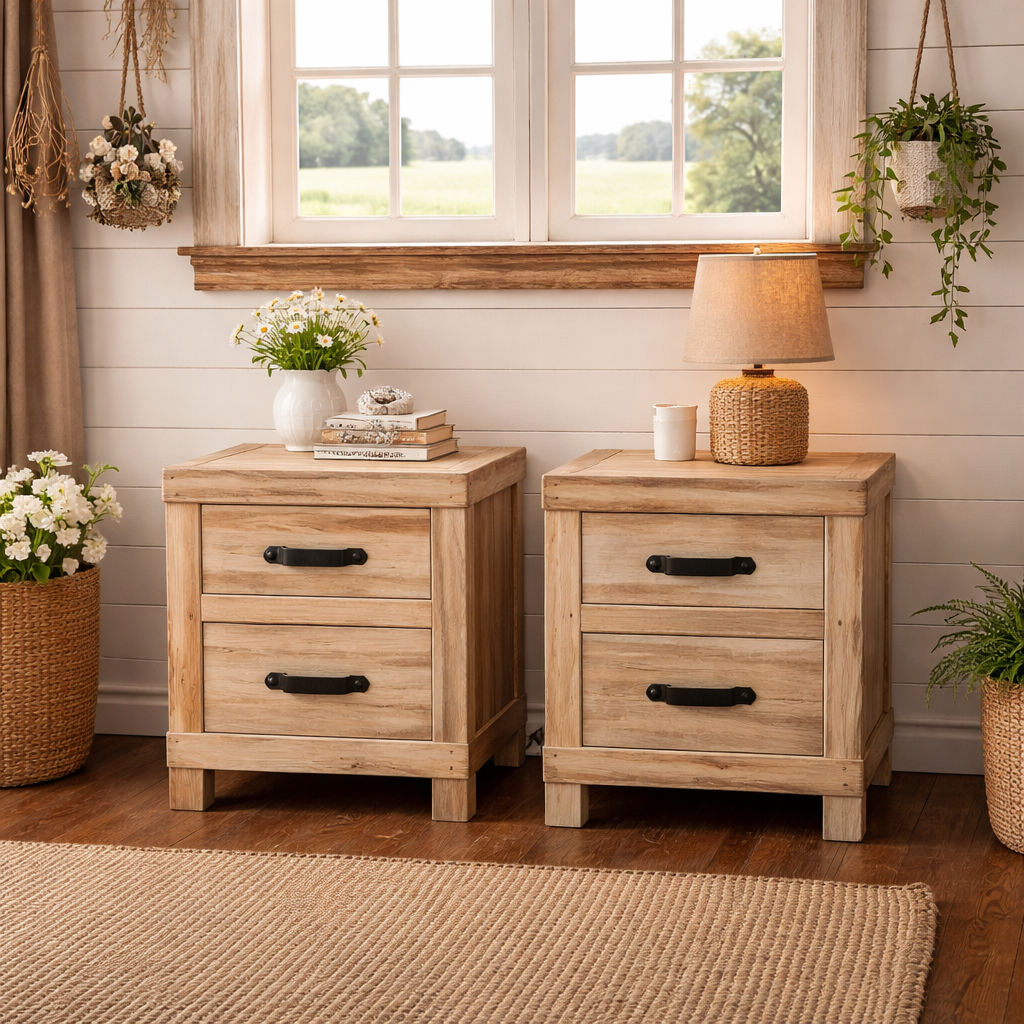 2 X FAIRMONT RECLAIMED ELM TIMBER 2 DRAWER BEDSIDE TABLE RUSTIC - MyChocolateWood
