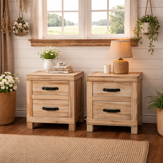 2 X FAIRMONT RECLAIMED ELM TIMBER 2 DRAWER BEDSIDE TABLE RUSTIC - MyChocolateWood